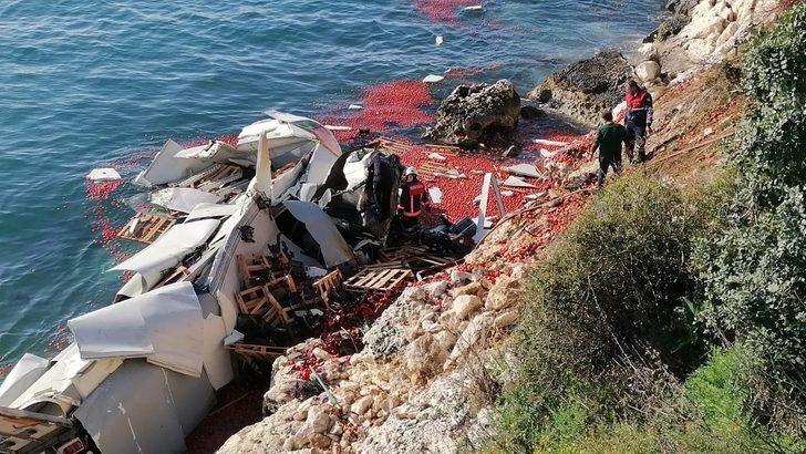 Silifke'de domates yüklü TIR denize uçtu G2