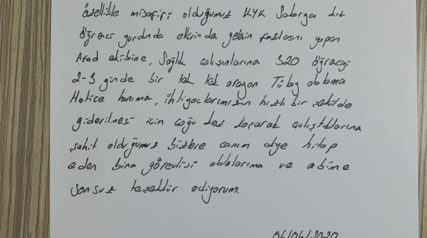 Karantina yurtlarından ayrılan vatandaşlar ekiplere teşekk&uuml;r yazısı yazdı