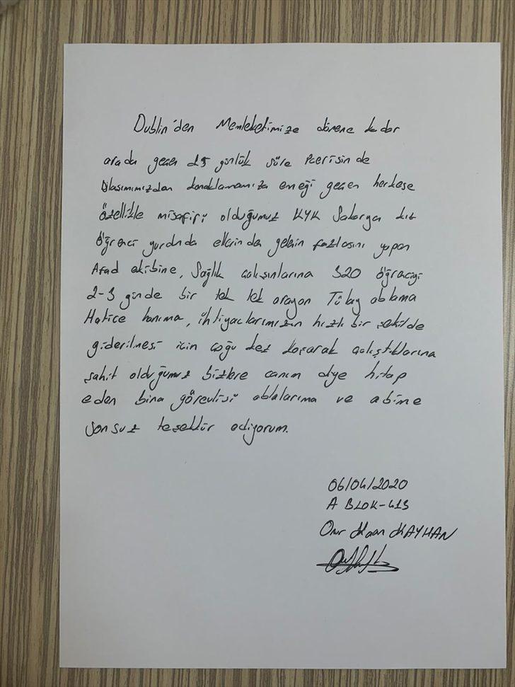 Sakarya'da karantina süresi biten misafirlerden görevlilere teşekkür mektubu G3