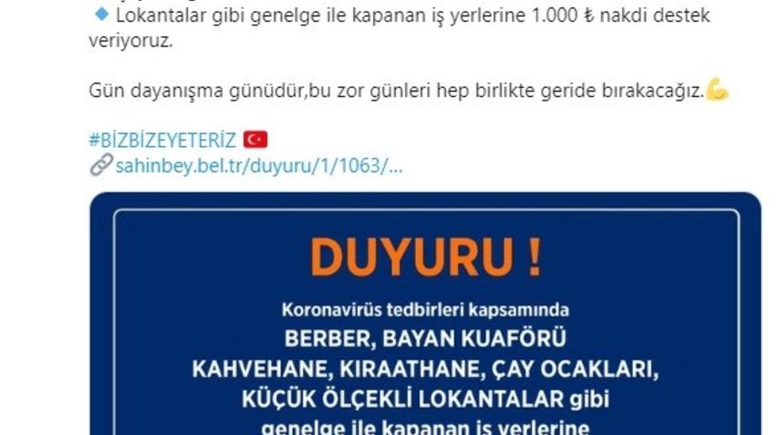 Şahinbey’den esnafa nakit yardımı