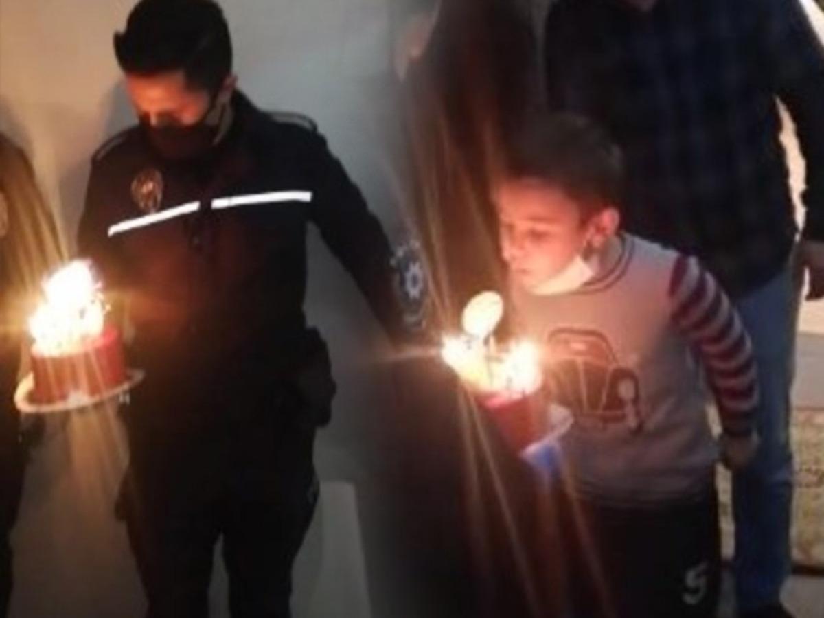 Polisi arayıp pasta isteyen minik Aras'a ekiplerden doğum g&uuml;n&uuml; s&uuml;rprizi