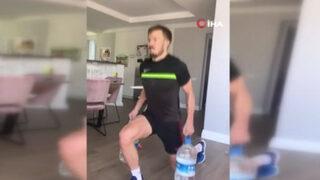 Martin Linnes'ten su şişeleri ile antrenman