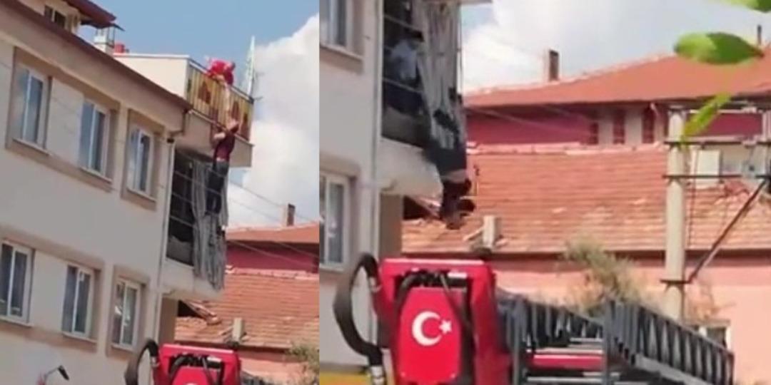 Boğazına hortum bağlayıp intihara kalkışan şahıs 10 metreden aşağı b&ouml;yle d&uuml;şt&uuml;