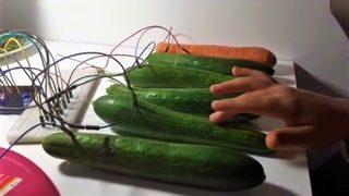 Evden çıkamayınca salatalık ve havuçtan piyano düzeneği kurdu