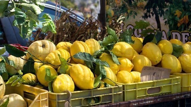 The unusually large Amalfi lemons for sale by the side of a road in the Amalfi region of Italy.