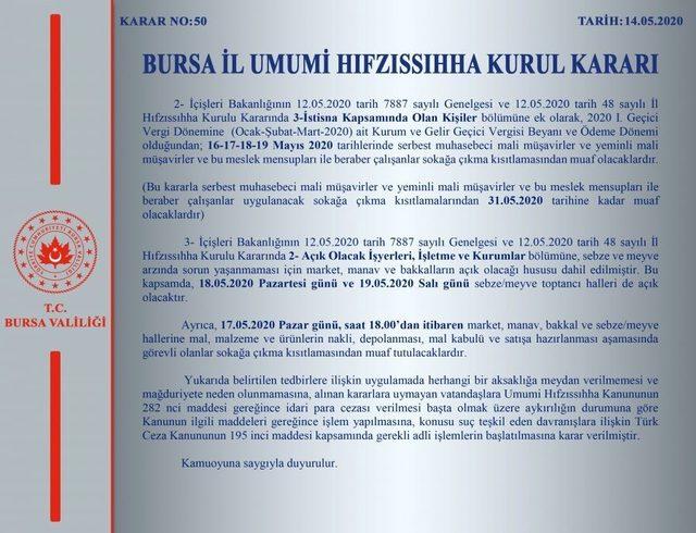 Bursa Valiliği’nden İl Hıfzıssıhha Kurul Kararı açıklaması