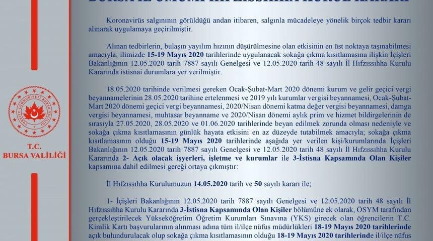 Bursa Valiliği&rsquo;nden İl Hıfzıssıhha Kurul Kararı a&ccedil;ıklaması