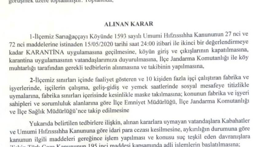 Sinop&rsquo;ta bir k&ouml;y karantinaya alındı