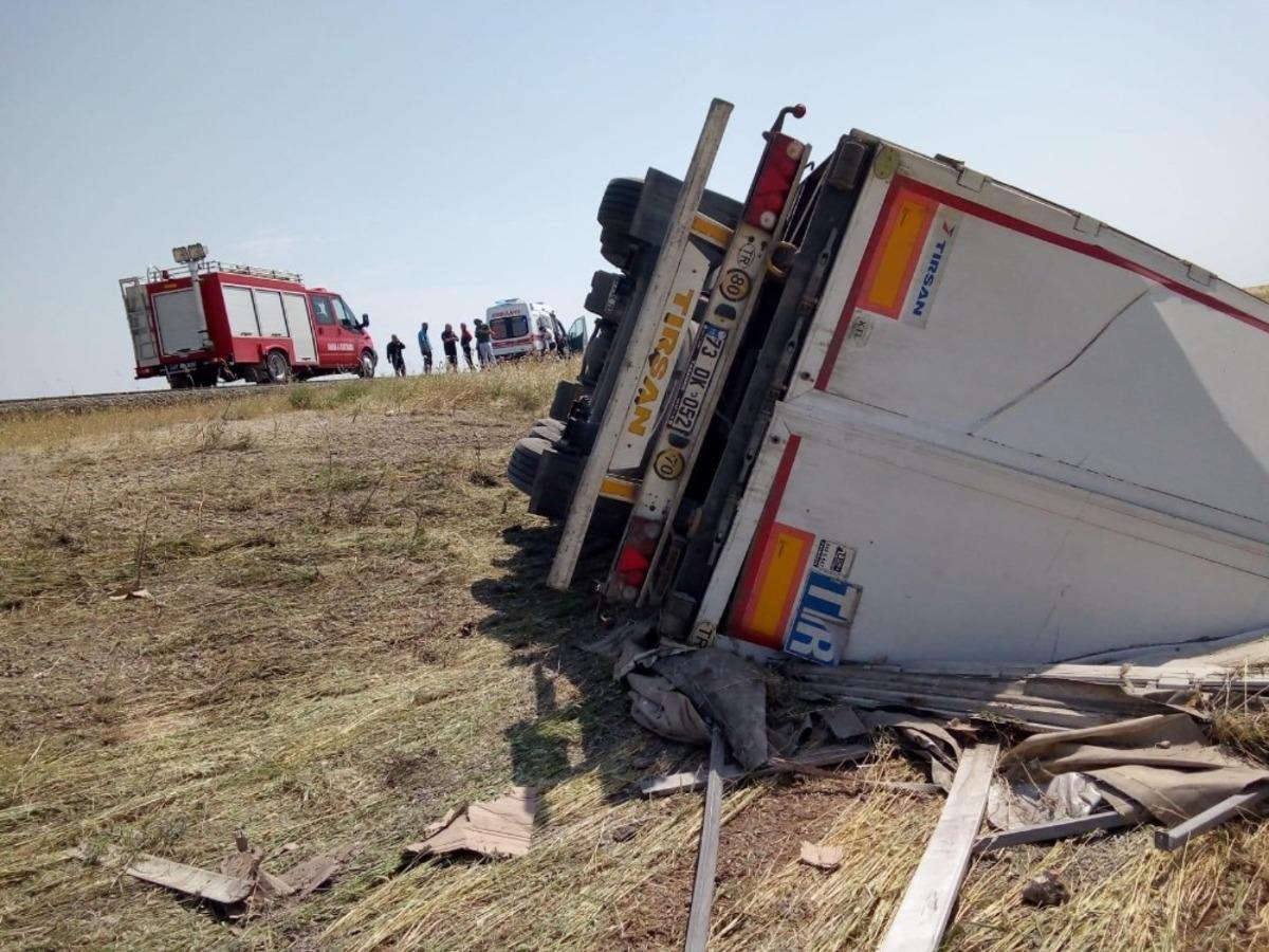 Mardin&rsquo;de &ccedil;ekirdek y&uuml;kl&uuml; tır şarampole yuvarlandı: 1 yaralı