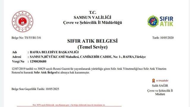 Bafra Belediyesi’ne Sıfır Atık Belgesi