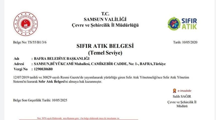 Bafra Belediyesi’ne "Sıfır Atık Belgesi"