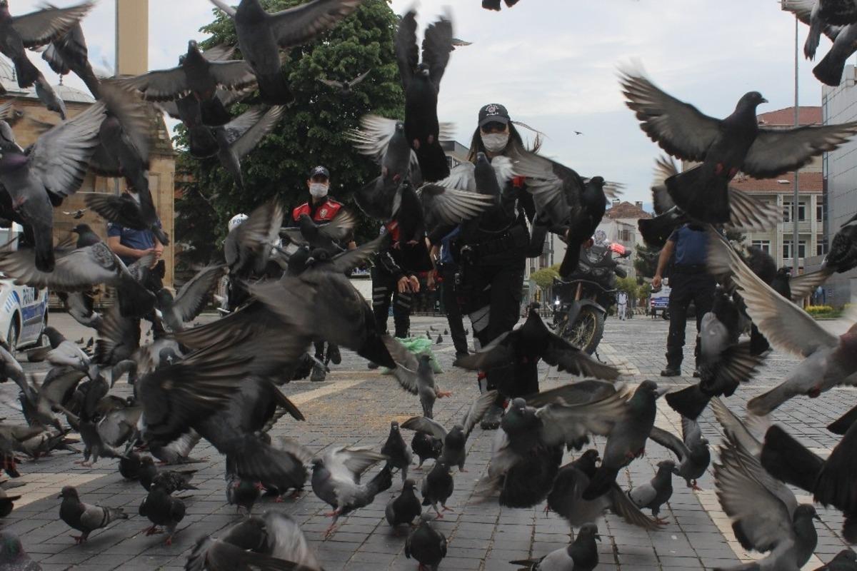 Sokağa &ccedil;ıkma yasağında a&ccedil; kalan g&uuml;vercinleri polisler besledi