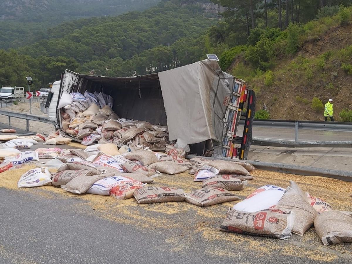 Buğday y&uuml;kl&uuml; tır şarampole devrildi