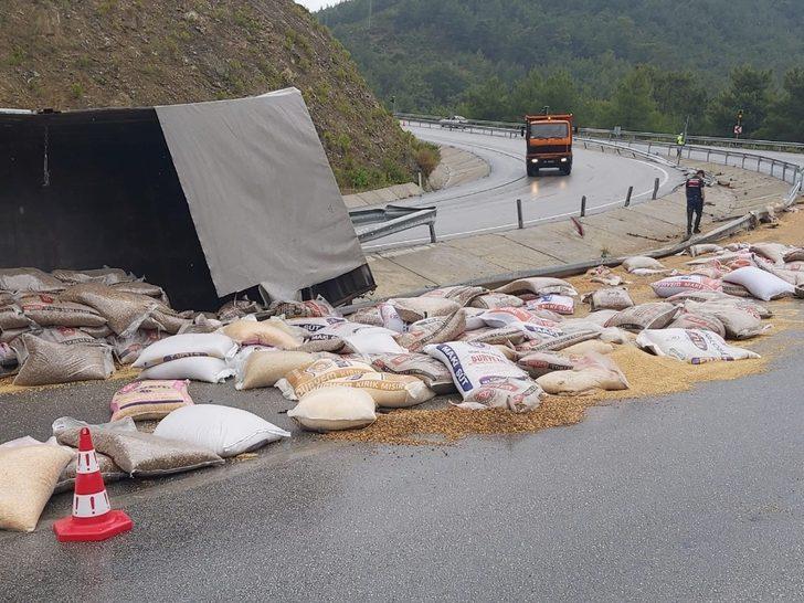 Buğday yüklü tır şarampole devrildi G5