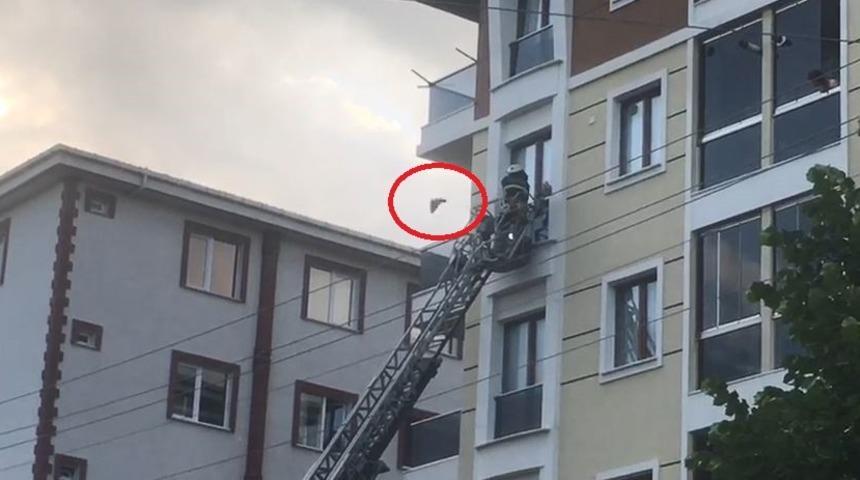Balkona sıkışan g&uuml;vercini itfaiye kurtardı