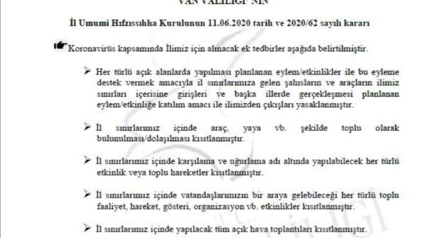 Van İl Umumi Hıfzıssıhha Kurulu, korona vir&uuml;s tedbirleri kapsamında ilde yapılacak olan b&uuml;t&uuml;n etkinlikleri kısıtladı