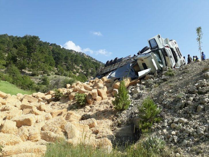 Kontrolden çıkan saman yüklü tır şarampole devrildi G1