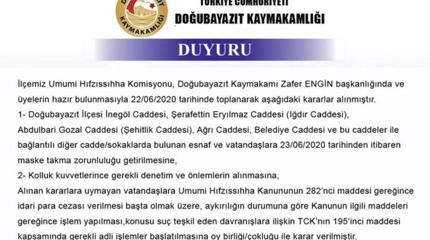 Doğubayazıt&rsquo;ta maske takmak zorunlu hale getirildi