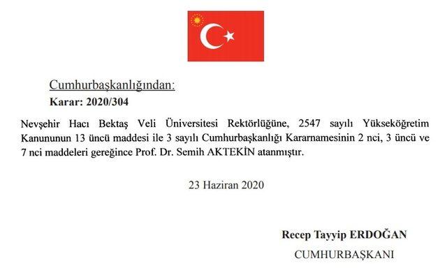 Nevşehir Hacı Bektaş Veli Üniversitesi Rektörlüğüne Prof. Dr. Semih Aktekin atandı