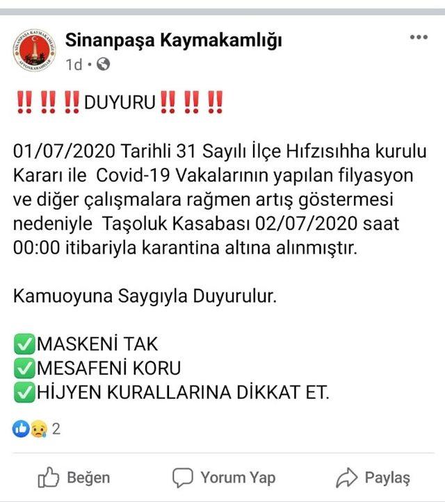 Afyonkarahisar’da bir kasaba karantinaya alındı