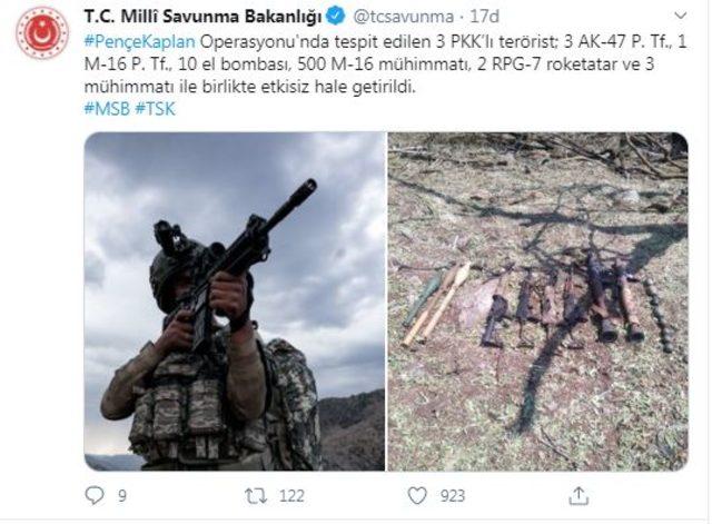 MSB: Pençe-Kaplan Operasyonu'nda 3 PKK'lı etkisiz hale getirildi