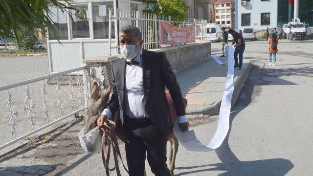 Sanatçı Aydın maske taktığı eşekle hak arayışı için adliye kapısında