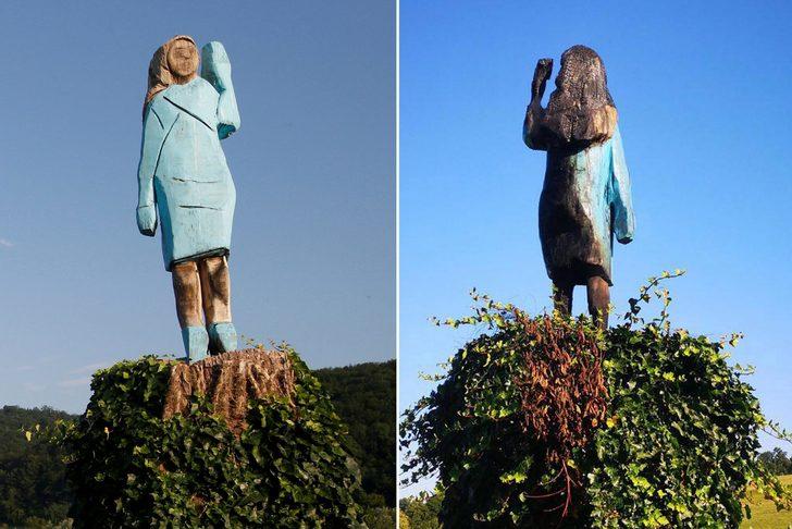 Melania Trump'ın ahşap heykelini ateşe verdiler