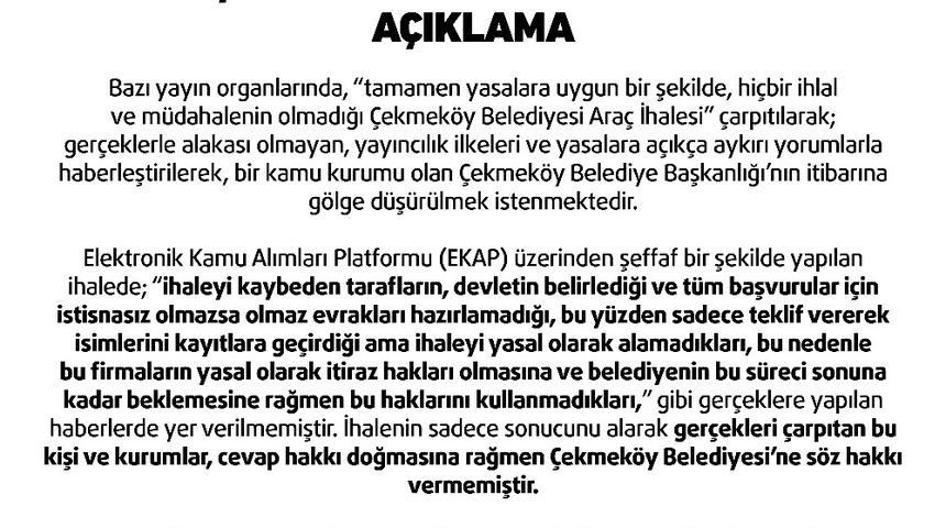 &Ccedil;ekmek&ouml;y Belediyesinden ara&ccedil; ihalesi yayınları hakkında a&ccedil;ıklama