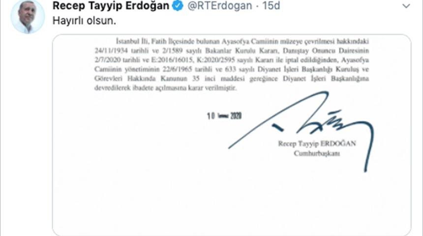 Ayasofya'nın ibadete a&ccedil;ılmasına ilişkin Cumhurbaşkanı Kararı Resmi Gazete'de
