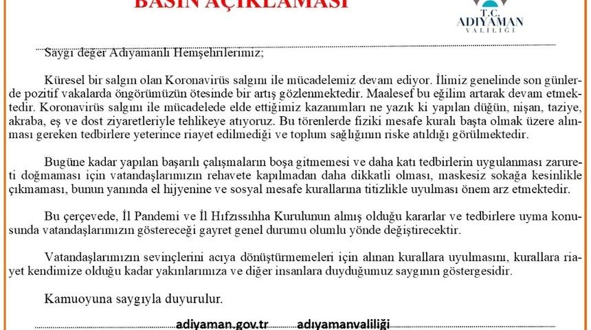 Adıyaman Valiliğinden korona vir&uuml;s uyarısı