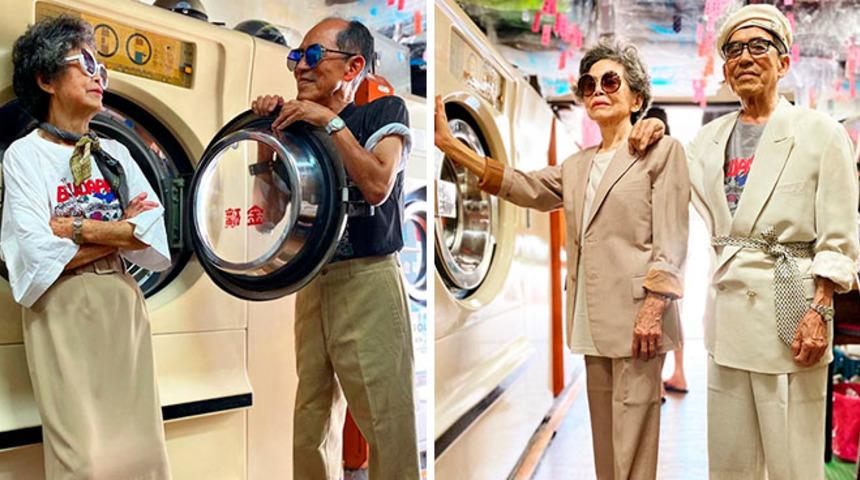 Yaşlı &ccedil;ift, paylaştıkları fotoğraflarda stilleriyle ışık sa&ccedil;ıyor