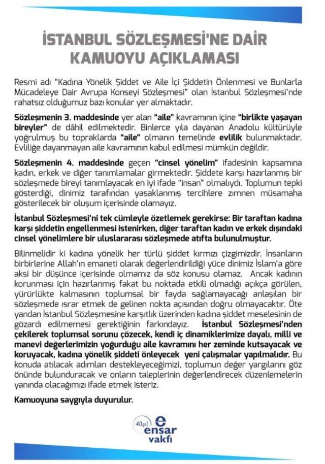 ensar vakfı istanbul sözleşmesi açıklaması