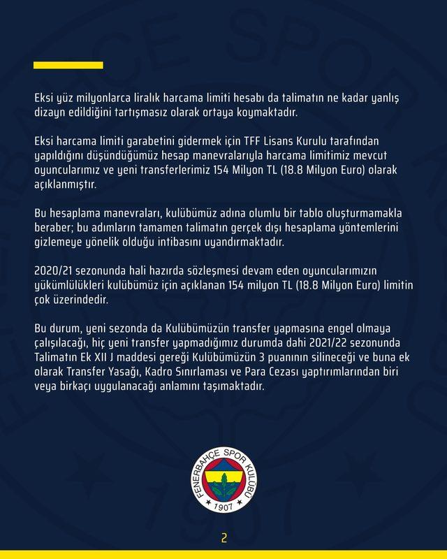 Fenerbahçe'den takım harcama limitleriyle ilgili açıklama! Ligden mi