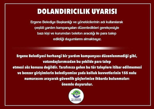 Ergene Belediyesi’nden dolandırıcılık uyarısı