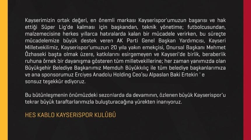 Kayserispor&rsquo;dan teşekk&uuml;r mesajı