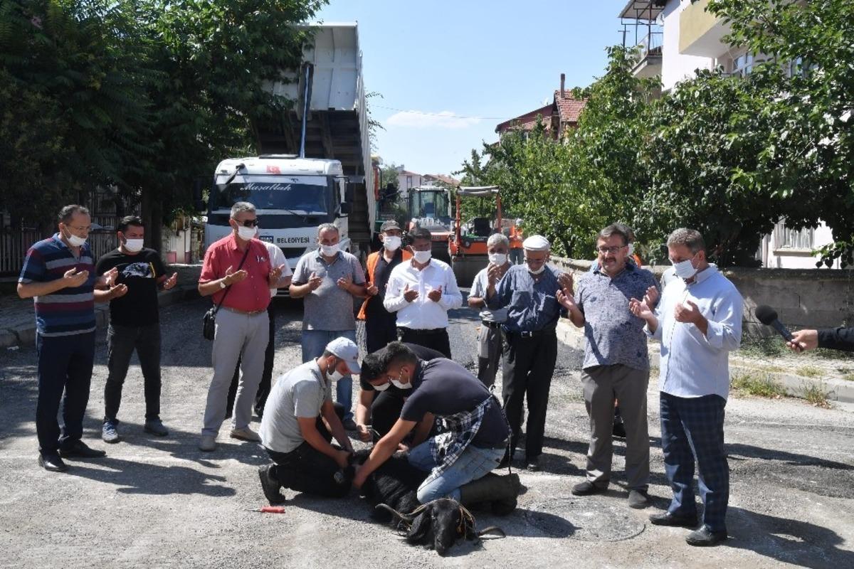 Mahallesine asfalt atılan muhtar iki adak kesti