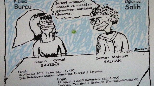 Mesafe ve maskeye dikkat çeken davetiye bastılar