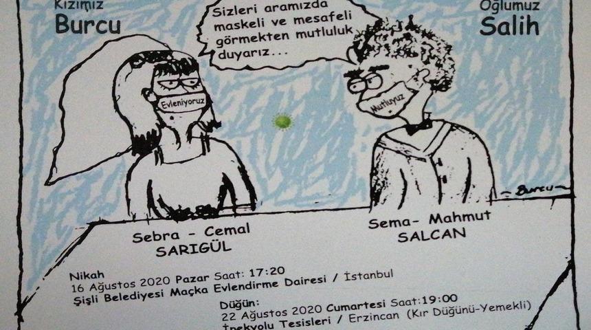 Mesafe ve maskeye dikkat &ccedil;eken davetiye bastılar