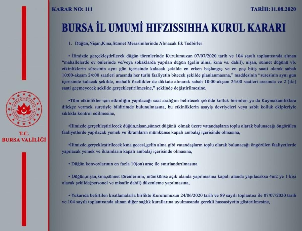 Bursa Valiliği, alınan yeni İl Hıfzıssıhha Kurul Kararını a&ccedil;ıkladı
