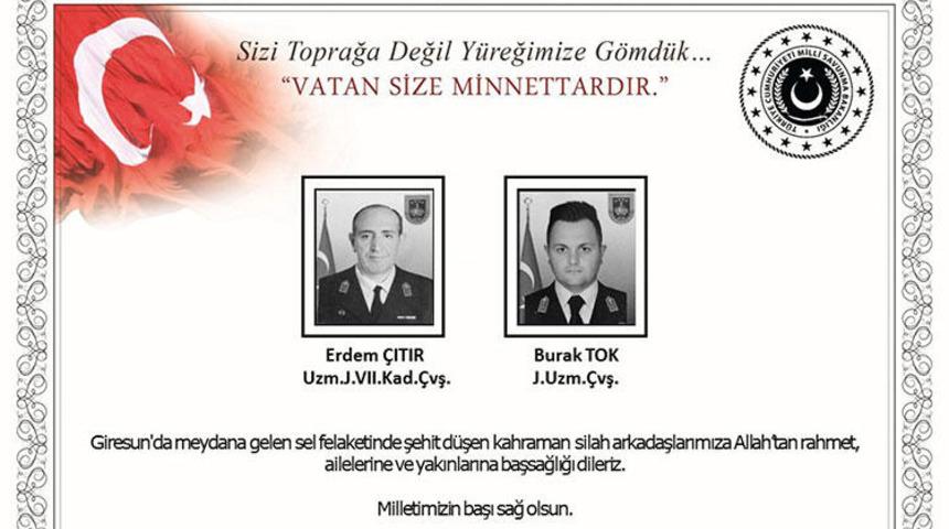 MSB'den Giresun'daki sel felaketinde şehit olan askerler için başsağlığı mesajı