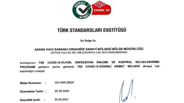 AOSB Covid-19 Güvenli Hizmet Belgesi aldı