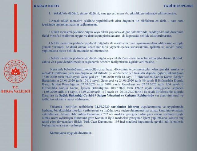 Bursa Valiliği’nden İl Hıfzıssıhha Kurulu kararı açıklaması