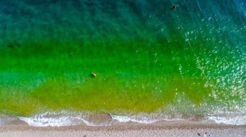 Konyaaltı Sahili'nde denizin rengi yeşile d&ouml;nd&uuml;! Tatilciler korktu