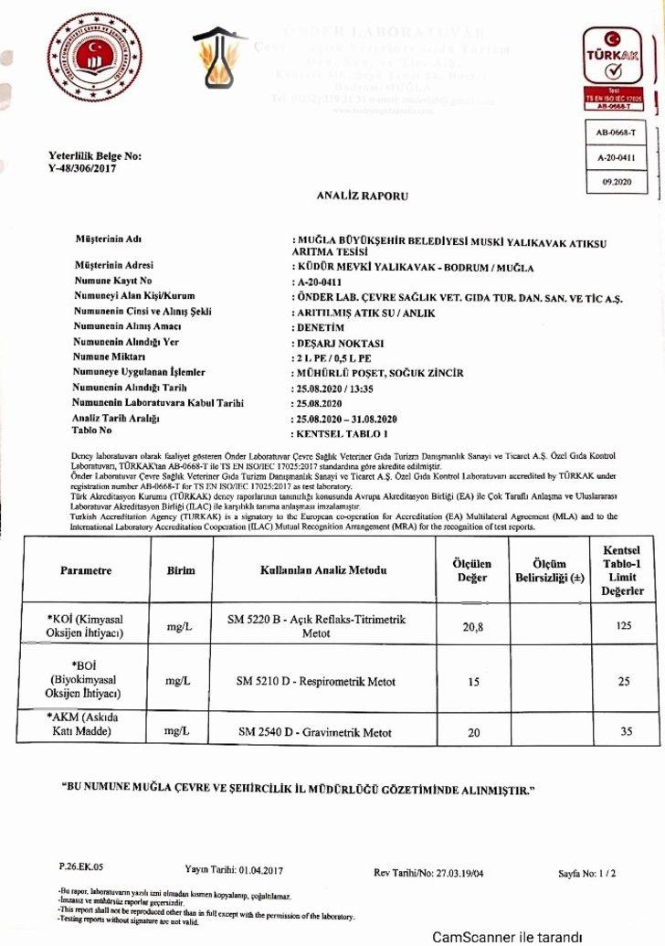 Yalıkavak Atıksu Arıtma Tesisi analiz raporu temiz çıktı G4