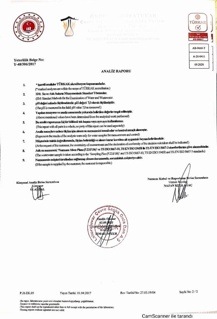 Yalıkavak Atıksu Arıtma Tesisi analiz raporu temiz çıktı G5