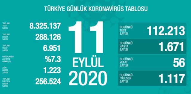 11 eylül 2020 koronavirüs tablosu