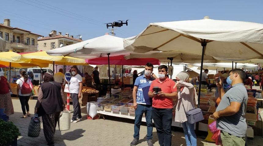 Ürgüp’te pazar alışverişi yapanların ateşi drone ile ölçüldü