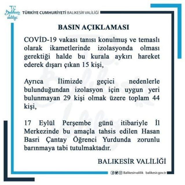 Balıkesir’de izolasyon kurallarını ihlal eden 15 kişi karantina alındı