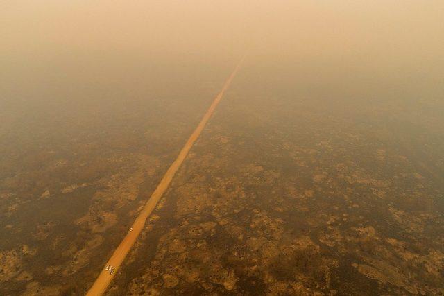 Pantanal'da gökyüzünü kaplayan duman.