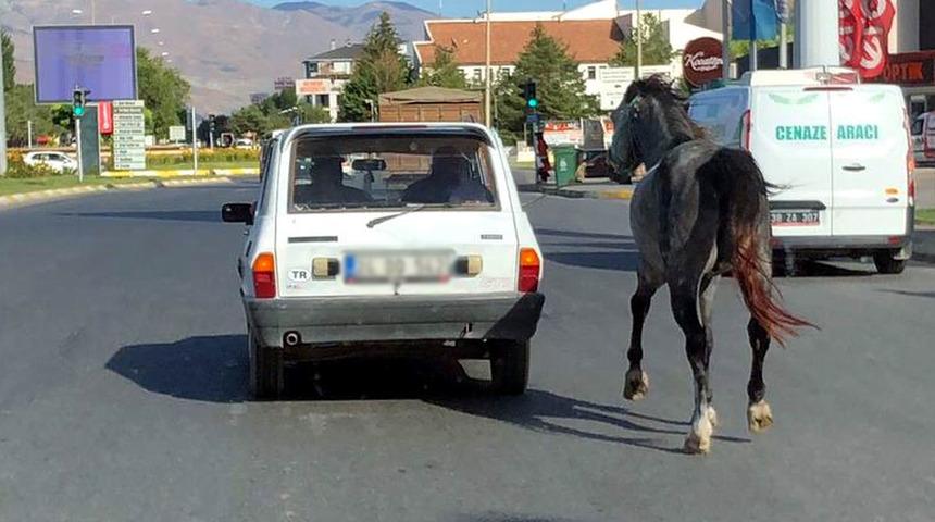 Erzincan'da tepki çeken olay! Otomobile bağladıkları atı kilometrelerce koşturdular